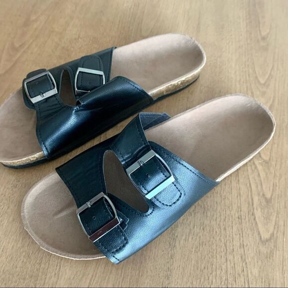 Twin Buckle Band Black Cork Sole Slide Sandals - Picture 4 of 10